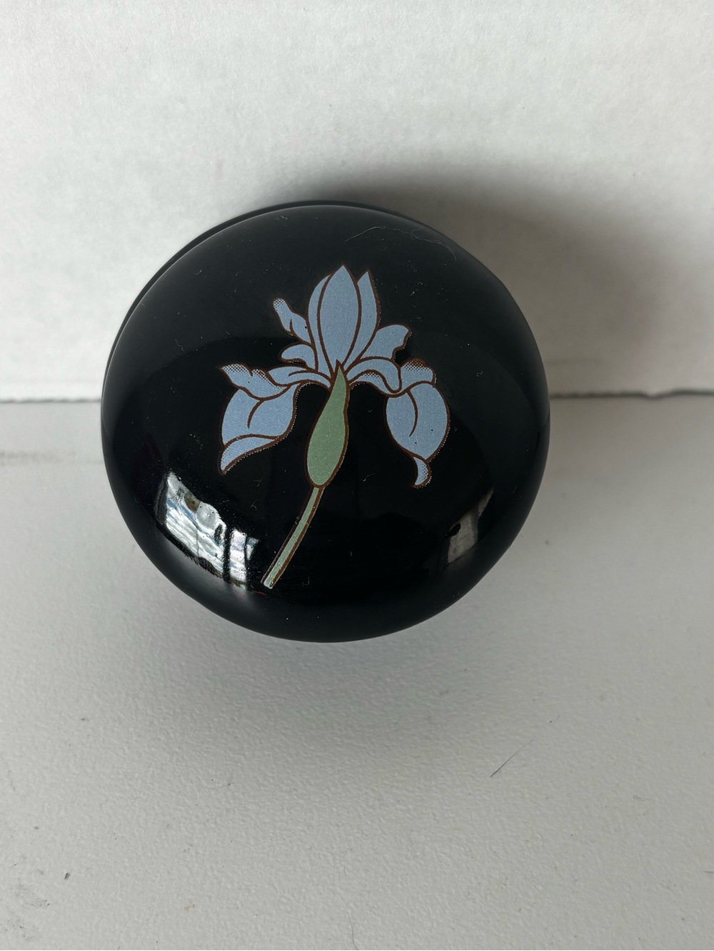 Trinket Box “Kogo” Black Porcelain- Blue Iris Top Made In Taiwan R. O. C. 2” Vtg